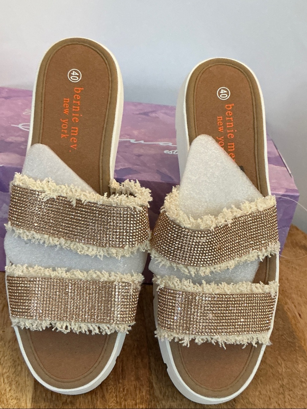 bernie mev. Cream and Gold Embellished Slide Sandals